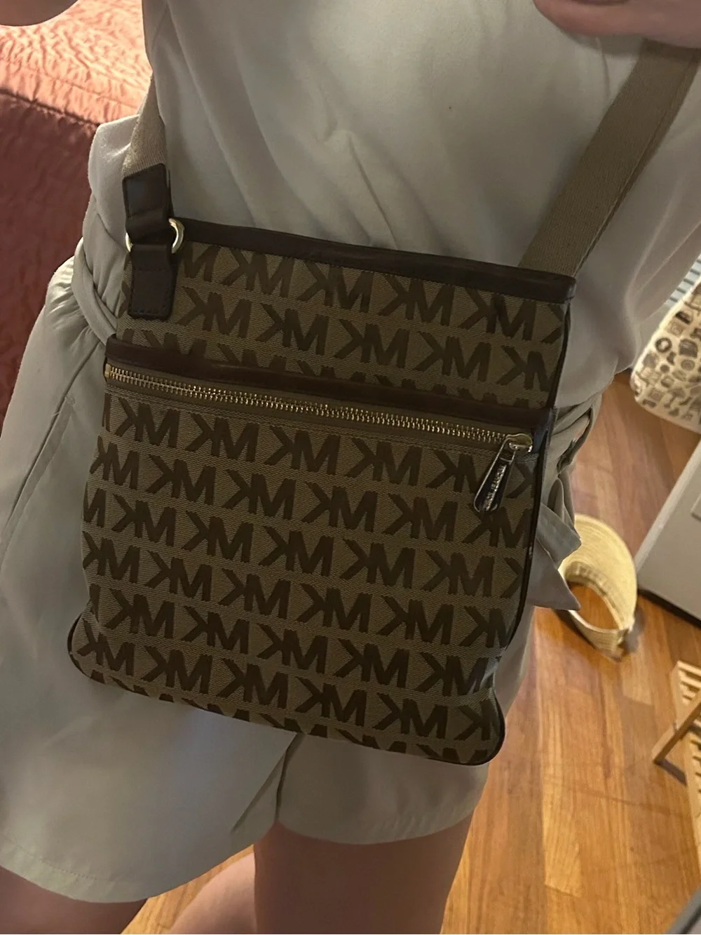 Michael Kors Beige and Brown MK Logo Crossbody Messenger